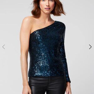 NWT White House Black Market Sequin One Shoulder Top M Cobalt Blue 570358039